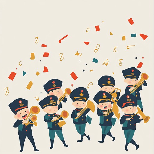 A spirited military style march highlighting lively brass sections and dynamic percussion, capturing the essence of cadets marching cheerfully in a festive parade.