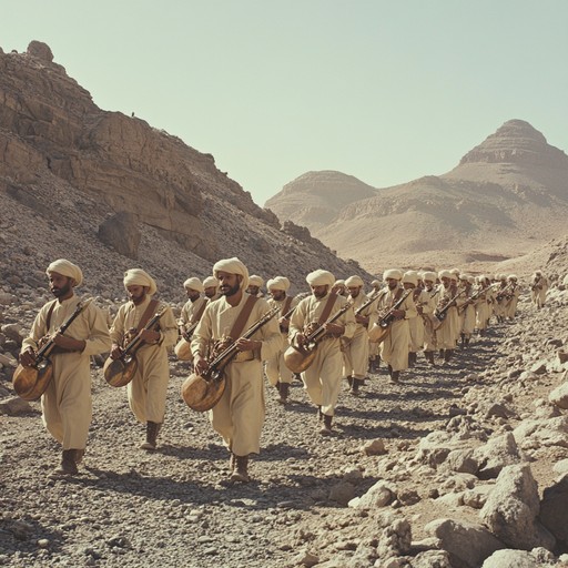 An energetic and intense instrumental military march combining middle eastern instrumentation with traditional military cadences. The piece uses oud, hand drums, and snare drums, creating a rhythmic and driving track. This march paints a picture of warriors preparing in the harsh, arid battlefield, filled with purpose and grit.