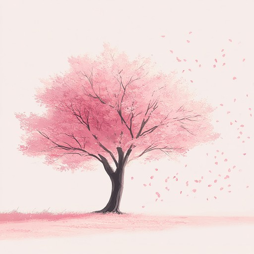 A touching instrumental track with gentle piano melodies evoking the bittersweet and nostalgic feelings often experienced in heartfelt anime scenes. The music gently swells and recedes, painting a vivid picture of cherry blossoms falling in a quiet, serene landscape, capturing a moment of farewell and reflection.