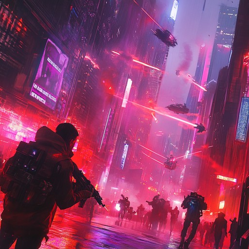 In a neon lit metropolis, resistance fighters battle oppressive regimes with soaring synths and driving electric guitar riffs, blending relentless beats and hopeful melodies to inspire rebellion and liberation in the cyberpunk underworld.