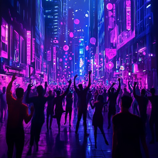 Imagine a bustling city street at night, illuminated by the colorful glow of neon lights. The scene is alive with energy as animated crowds move to the pulsating rhythms of electronic music. The atmosphere is electric, with a dynamic interplay of synths and beats that keep the tempo lively and the mood exhilarating.