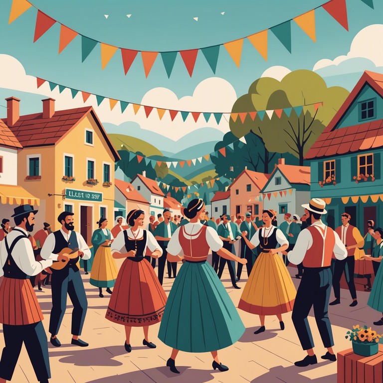 A high energy instrumental piece featuring a cheerful and vivacious polka rhythm intended to evoke the joyful atmosphere of a bustling european festival. The accordion leads the melody, supported by a lively orchestra, promoting a sense of community and celebration.