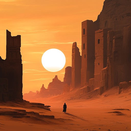 A track blending ancient middle eastern melodies with modern ambient textures, evoking a sense of wandering through a vast, desolate desert as whispers of the past mingle with contemporary echoes.