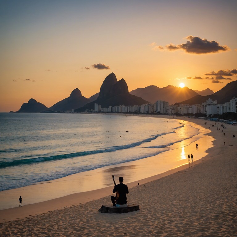 Imagine the tender plucks of a guitar accompanying the slow sun setting over ipanema, evoking a deep sense of romance and tranquillity as the day gently transitions into a soft, captivating night. This alternative take continues to embrace the intimate feel while focusing on the connection between the setting sun and the rhythmic pulse of bossa nova.