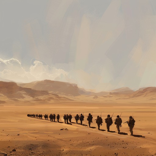 An intense military march that combines traditional marching band elements with exotic ethnic percussions, evoking the feeling of an army marching through a vast, scorching desert landscape. The music builds adrenaline and captures the tension and determination of soldiers facing an unknown fate amidst unforgiving terrain.