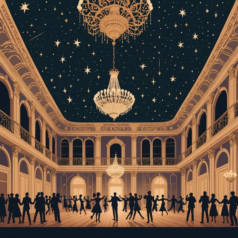 This composition encapsulates the elegance of a royal ballroom dance with the evocative beats of traditional rumba, blending both majesty and rhythm under a night sky laden with stars. The music moves smoothly, emulating the swaying of gowns and the subtle taps of dancing shoes, perfect for a sophisticated gathering or a romantic evening.