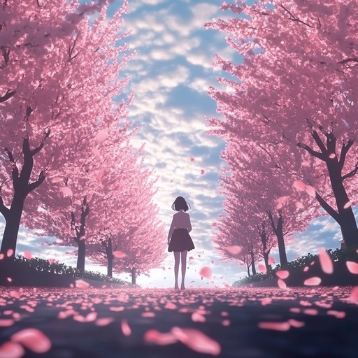 A gentle piano driven instrumental that evokes the tender emotions of a romantic encounter in an anime world, with the soft shower of cherry blossoms enhancing the sensual atmosphere.