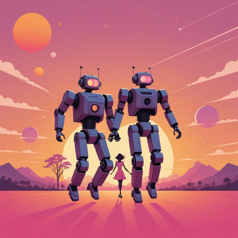 A joyful portrayal of robots engaging in a dance as the sun ascends, using playful synthesizer tunes to mimic their movements.