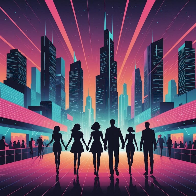 A vibrant festival flows under neon drenched skyscrapers, with music pounding as citizens of a cybernetic city lose themselves to dance and electronic euphoria.