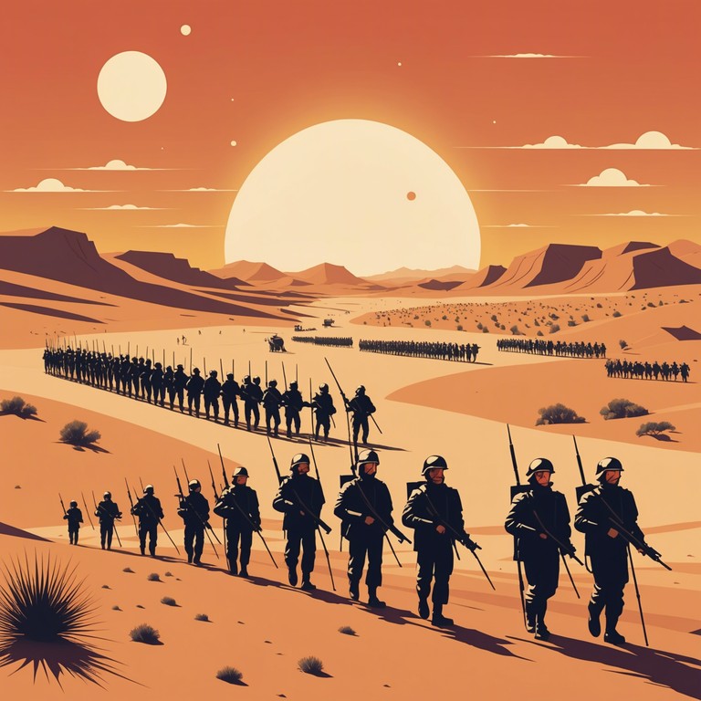 This track combines the rhythmic intensity of military drums with the exotic scales and ambient noise of the sahara desert, creating a powerful yet mystical soundscape that evokes images of vast sandy landscapes and disciplined troops moving in perfect synchronization.