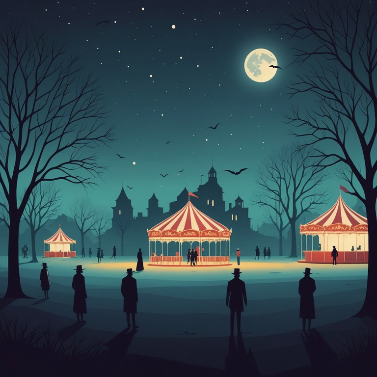 In a scene straight from a gothic dream, a forgotten carnival becomes the stage for a ghostly waltz under the stars. The accordion's lonely song weaves through the air, its melancholy tune inviting whispers of the past, as spectral figures float around in an eternal dance.