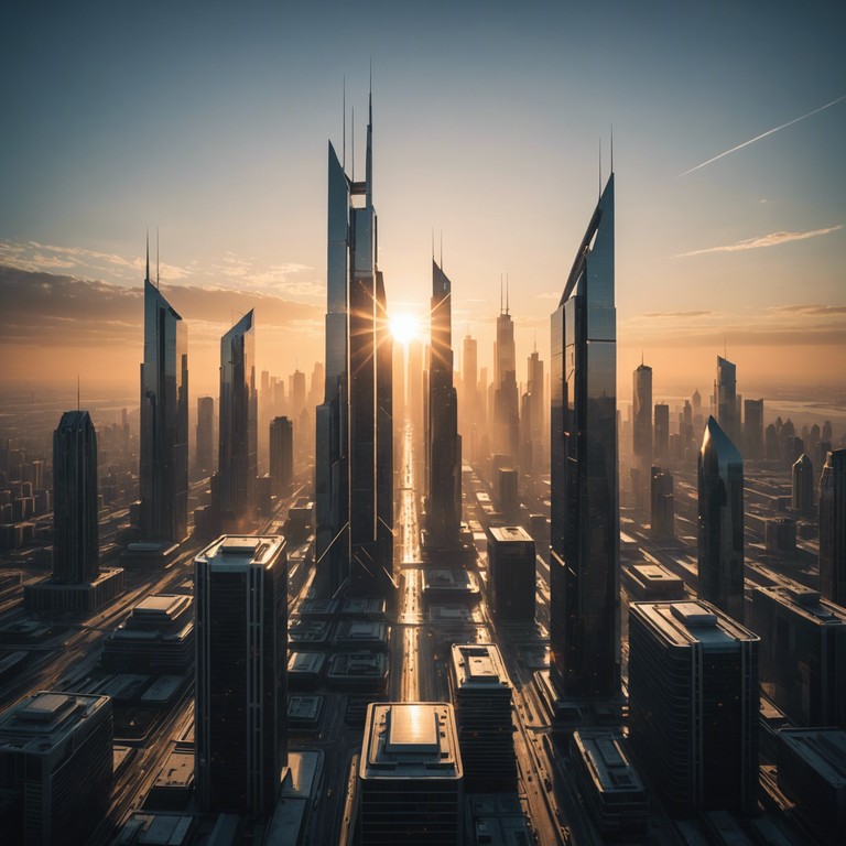 In this track, traditional orchestral elements blend seamlessly with contemporary cinematic effects to create a vibrant and uplifting soundscape, mimicking a glorious sunrise over an idealized futuristic city named new rome. Musical peaks mirror the sun's rays piercing through the cityscape, evoking a sense of renewal and endless possibilities.