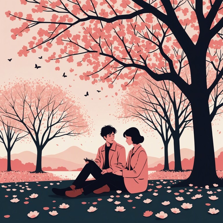 As cherry blossoms gently descend around a young couple, their quiet confessions of love create a soft and melodious harmony. This track's soothing koto melodies enhance the tender feelings shared under the blooming sakura trees.