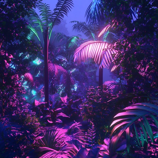 A pulsating 80s synth tune layered with tropical rainforest sounds and rhythmic beats. The blend of exotic percussion and neon synth lines transports listeners to a vibrant, otherworldly jungle setting, making it ideal for an immersive and energetic ambiance.