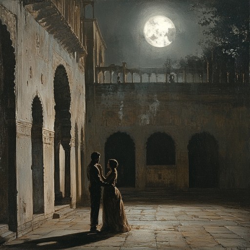 Visualize an old stone courtyard, softly illuminated by the moon, where two dancers move gracefully to an intimate and sensual rhythm. The guitar delicately weaves a tale of longing and closeness amid the hush of the night, capturing the essence of romance and desire.