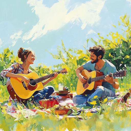 A lively instrumental jazz piece featuring acoustic guitar with gypsy jazz influences, evoking the feeling of a carefree summer picnic in the countryside, under the warm sun, and the joyous energy of friends gathering.