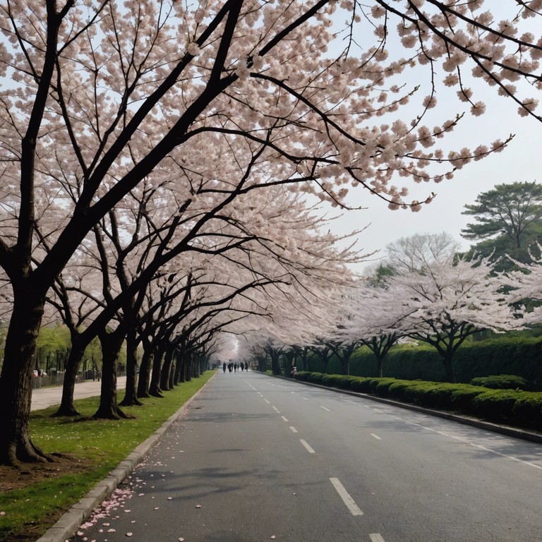 An instrumental journey that encapsulates the gentle unfolding of cherry blossoms in spring, portrayed through an elegant blend of soft melodic lines and delicate string harmonies that evoke a peaceful, reflective mood.