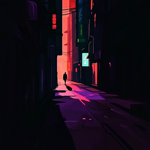 A dark, instrumental synthwave track inspired by the 1980s, featuring ominous synthesizers, driving basslines, and menacing atmospheres that evoke the feeling of wandering through shadowy city streets at night.