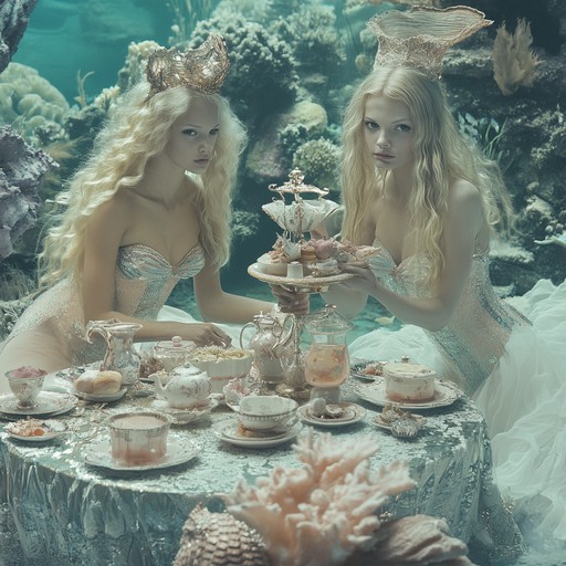 A serene and whimsical depiction of an underwater gathering where mermaids host a gentle tea party. The music combines soft, soothing melodies with playful aquatic sounds, creating a tranquil ambiance. Perfect for relaxation and invoking a sense of enchantment.