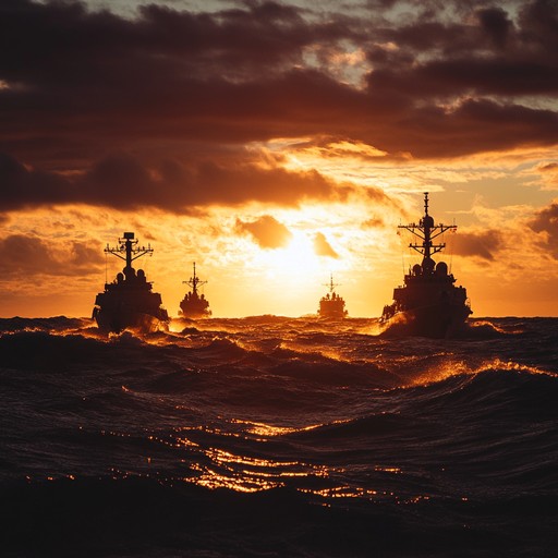 An intense orchestral piece that embodies the ferocity and strength of the russian navy's fleet advancing into combat, featuring driving rhythms and powerful brass to depict the energy and determination of warships surging through turbulent seas.