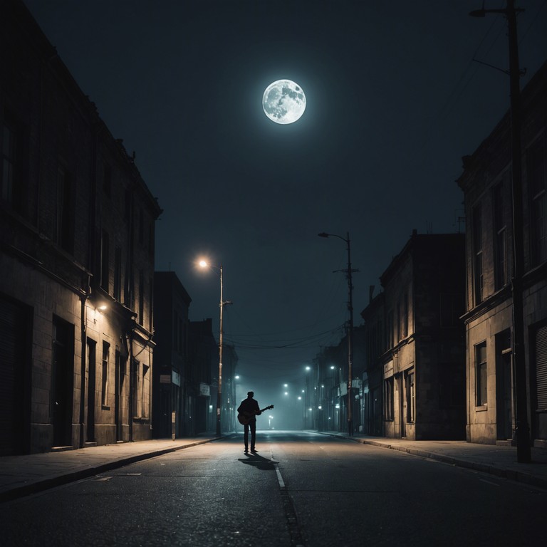 A somber track evoking images of a desolate, moonlit street. An old blues guitarist recounts tales of lost love and missed opportunities, his guitar weeping alongside his hushed, heartfelt whispers. The music flows like slow moving water, reflecting sorrow and a deep sense of solitude under the night sky.