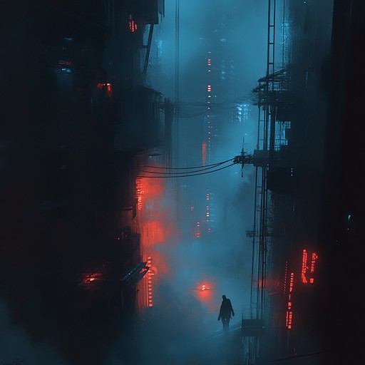 In the depths of a sprawling cyberpunk city, haunting synth melodies intertwine with dark electronic beats, creating an unsettling atmosphere that echoes through neon lit alleyways.