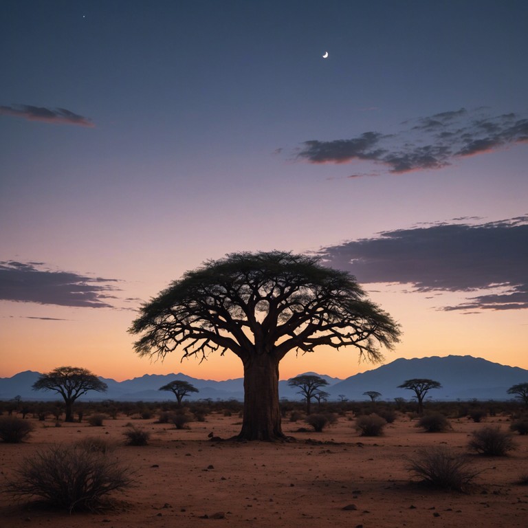 Imagine lying under a twilight sky as the day fades over the african plains, where the soothing sounds of a kalimba play a calming melody, blended perfectly with laid back electronic beats to create a peaceful evening ambiance.