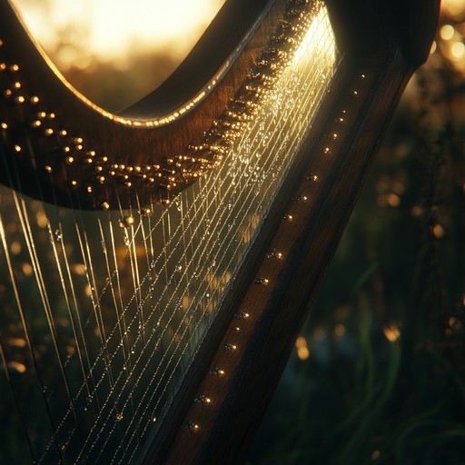 A soft harp melody invoking the first light of dawn, creating a tranquil soundscape that transports the listener to the peaceful, dew covered moors, awakening under a pale sunrise.