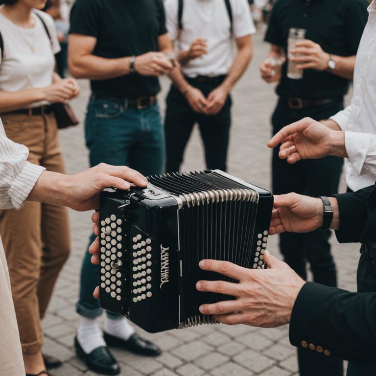 Imagine a warm night where the streets are alive with the sound of accordion and the air is filled with joy and dance. This alternative description focuses more on the individual experiences within the festive gathering, emphasizing the personal joy and freedom found in the music and movement.