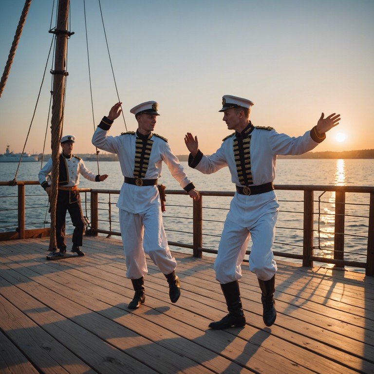 Imagine a moonlit deck where russian sailors engage in lively dances, their laughter intertwining with the music, fostering a sense of unity and a break from their arduous duties. The music's rousing pace mirrors the waves crashing against the ship, invigorating and full of life.