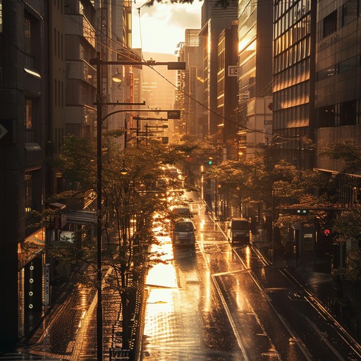 A soothing instrumental track inspired by the tranquil moments walking through tokyo streets during sunset, blending smooth synths and gentle beats to create a serene atmosphere.