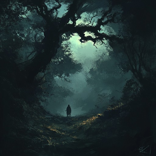 Imagine a lonely troubadour trudging through an ancient forest at twilight, his lute echoing haunting and melancholic tunes. The melodies tell tales of lost loves and forgotten legends, resonating with the brooding atmosphere of the woods. Shades of deep green and twilight blue envelop this solitary journey as the haunting music weaves through the trees.