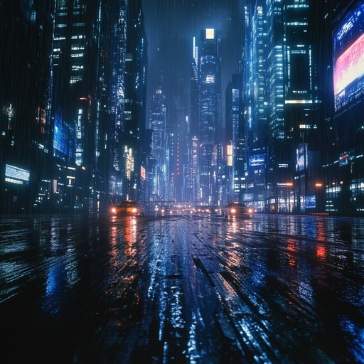 An instrumental piece conveying the isolation felt in a sprawling cyberpunk metropolis, where towering skyscrapers loom and neon lights reflect off wet streets. The music blends synthetic sounds with haunting melodies to immerse the listener in this futuristic world.