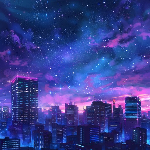 A lush, ambient blend of retro synths, pulsating basslines, and dynamic rhythms that immerse listeners into an ethereal journey through neon lit cityscapes under a starlit sky.