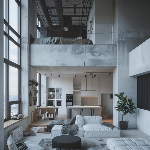 Gentle sunlight streams through the large loft windows, illuminating the cozy living space with a soft glow. The sound of distant traffic and chirping birds can be heard, as the city slowly awakens to a new day.