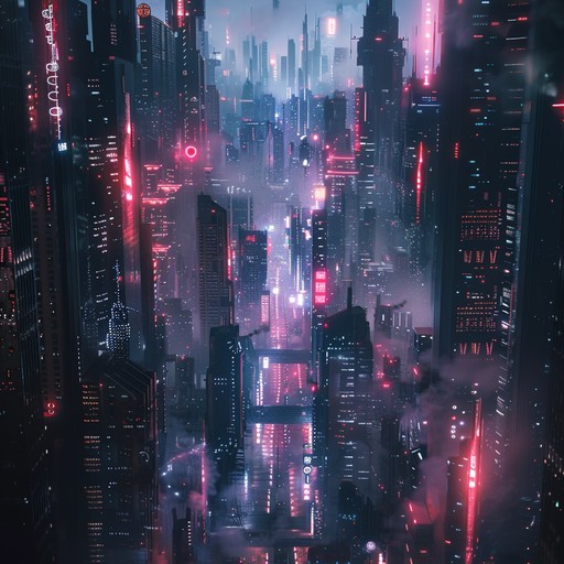 In a darkened urban sprawl, neon lights flicker, casting grim shadows. Synthed out melodies fused with menacing undertones create an otherworldly feeling. The setting is a dystopian, futuristic city where danger lurks at every corner. Rhythms are pulsating and throbbing, immersing the listener in an atmosphere thick with tension and anticipation.