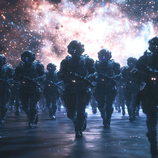 A powerful orchestral piece blending military rhythms with ethereal cosmic sounds, depicting a futuristic army advancing through the stars.