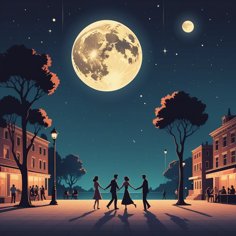 Imagine a warm, gentle night where the moon casts a soft glow over a quiet cobblestone street. Dancers move elegantly, their movements smooth and effortless, their faces lit by the soft luminescence of antique street lamps. The music is an elegant mambo, rich with the sophisticated sounds of a polished trumpet, creating an atmosphere of refined joy and timeless charm.