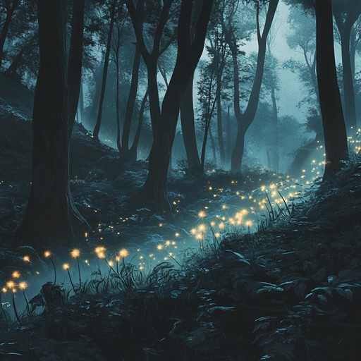 A surreal forest brimming with bioluminescent flora, each plant emitting haunting whispers that create an ethereal, dreamlike soundscape. The melodies evoke an emotional, otherworldly feeling, blending chaos and tranquility.