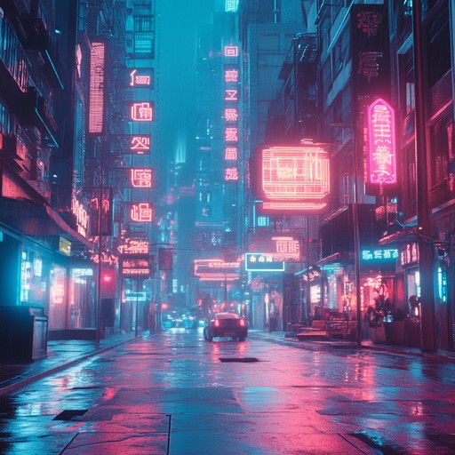 Journey through neon lit cyber cities with meditative synths and electronic beats, invoking spiritual awakening in a tech driven world, blending enlightenment with digital textures.