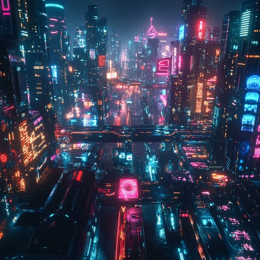 Immerse in a cyberpunk world with strong basslines and futuristic synths intertwined with hip hop beats, capturing the essence of neon drenched city life.