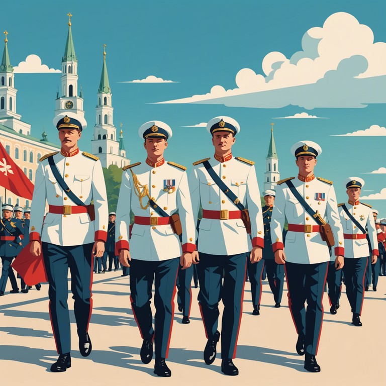 A vibrant composition that combines traditional russian orchestration with spirited naval melodies, evoking images of sailors marching through the historical landscape of russia. The song employs a dynamic tempo and a celebratory tone, using iconic russian orchestral sounds to capture the essence of pride and tradition associated with the russian navy.