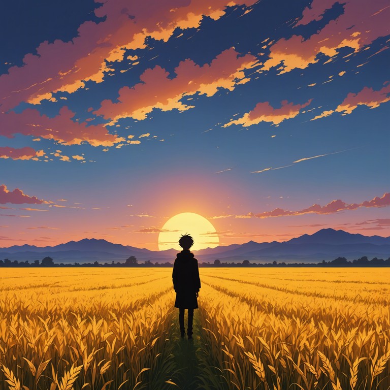 A unique composition where the delicate intricacies of anime style melodies intertwine with the rustic, soulful tones of country music, creating a soundscape that feels both new and nostalgic. This instrumental track features a light, airy instrumental setup invoking the serene yet vibrant atmosphere of open fields under a sunset sky.