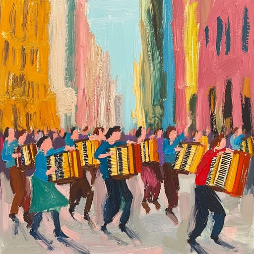 An energetic polka piece featuring spirited accordion and a fast paced rhythm, embodying the excitement of a rebellious dance off in a lively street setting.