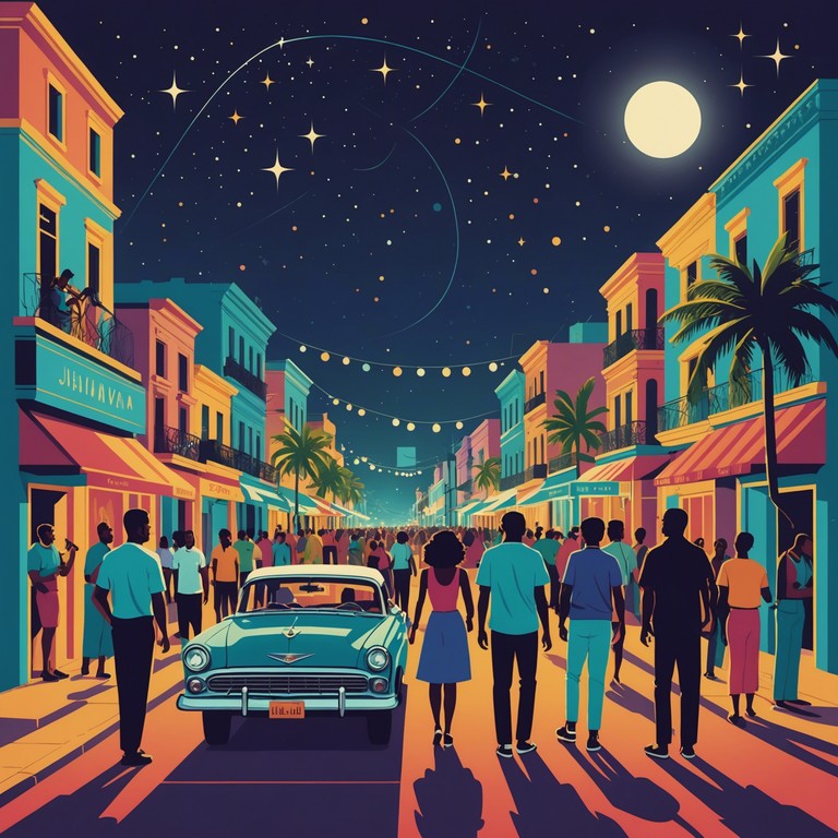 In a lively street party under havana's starlit sky, guitars rich in resonance masterfully dictate the rhythm as locals dance passionately. The air is thick with joy and freedom, reverberating with echoes of latin jazz celebrations, where every chord promises liberation and every beat is a burst of joy.