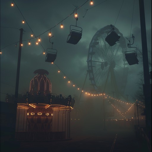 A spine tingling composition that evokes the sinister side of a carnival, with creepy organ melodies, haunting calliope sounds, and unsettling ambient noises. The music twists and turns, creating an atmosphere of looming dread and mystery, painting a picture of a place where laughter turns into sinister echoes.