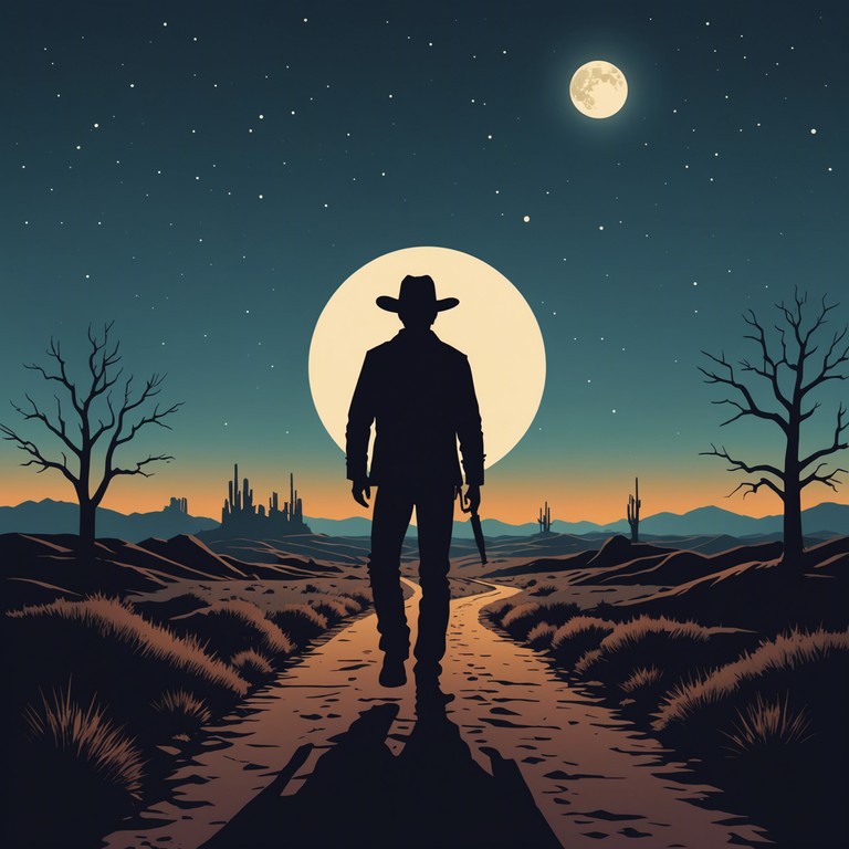 An evocative track featuring dimly lit scenes of deserted western towns, with a resonant steel guitar producing eerie sounds reflecting loneliness and unnoticed secrets. The setting transitions between moonlit nights and eerie silences that add depth to the ominous feeling.