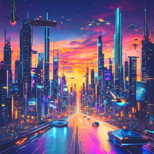 Experience a cheerful journey through a bustling neon lit metropolis, where soaring synths and pulsing beats create an atmosphere of optimism and wonder in a futuristic world.