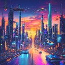 an upbeat cyberpunk instrumental illuminating a vibrant futuristic city.