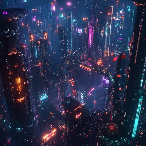 Powerful electric guitar riffs blend with grand synth waves, painting a vivid sonic canvas of a futuristic neon lit metropolis. This composition delivers a sense of grandeur and awe, capturing the essence of a distant cyberpunk future.